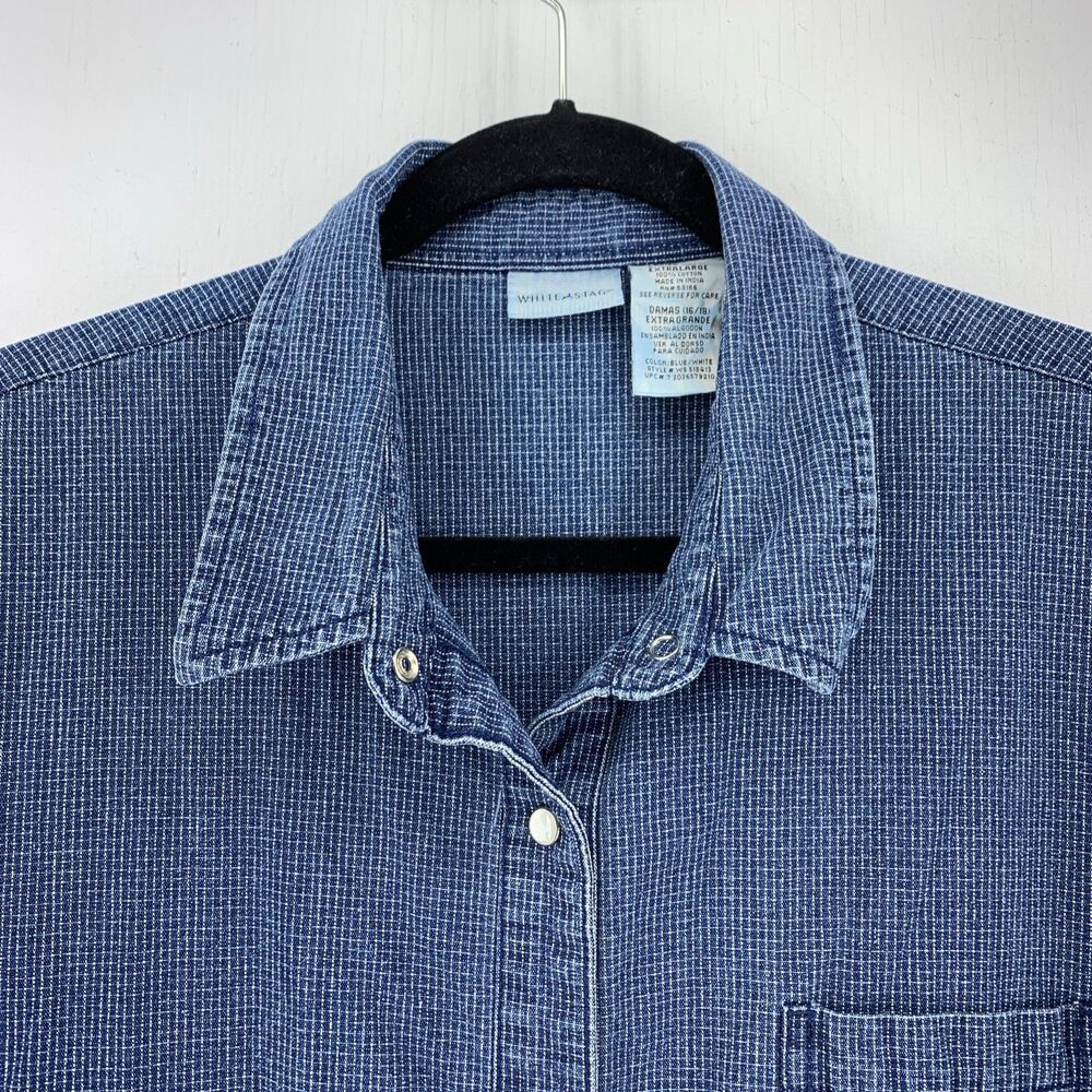 White Stag Womens XL Pearl Snap Denim Shirt Dress Blue White Check Midi WS518413 - Picture 4 of 9